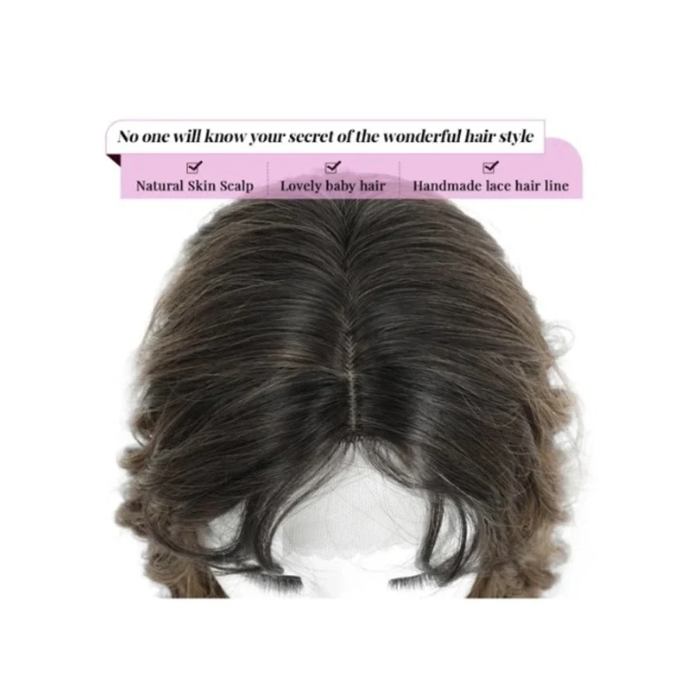 Molefi 26in Curly Hair Topper with Bangs Ombre Brown Wavy Synthetic‎ Hairpiece